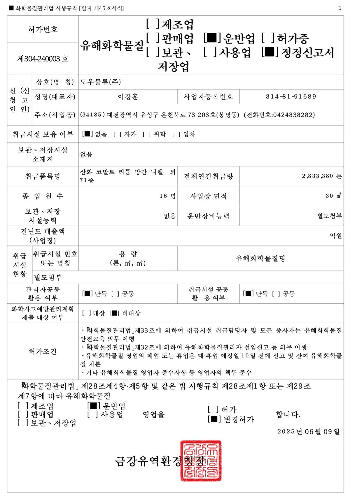 유해화학물질 운반법 허가증